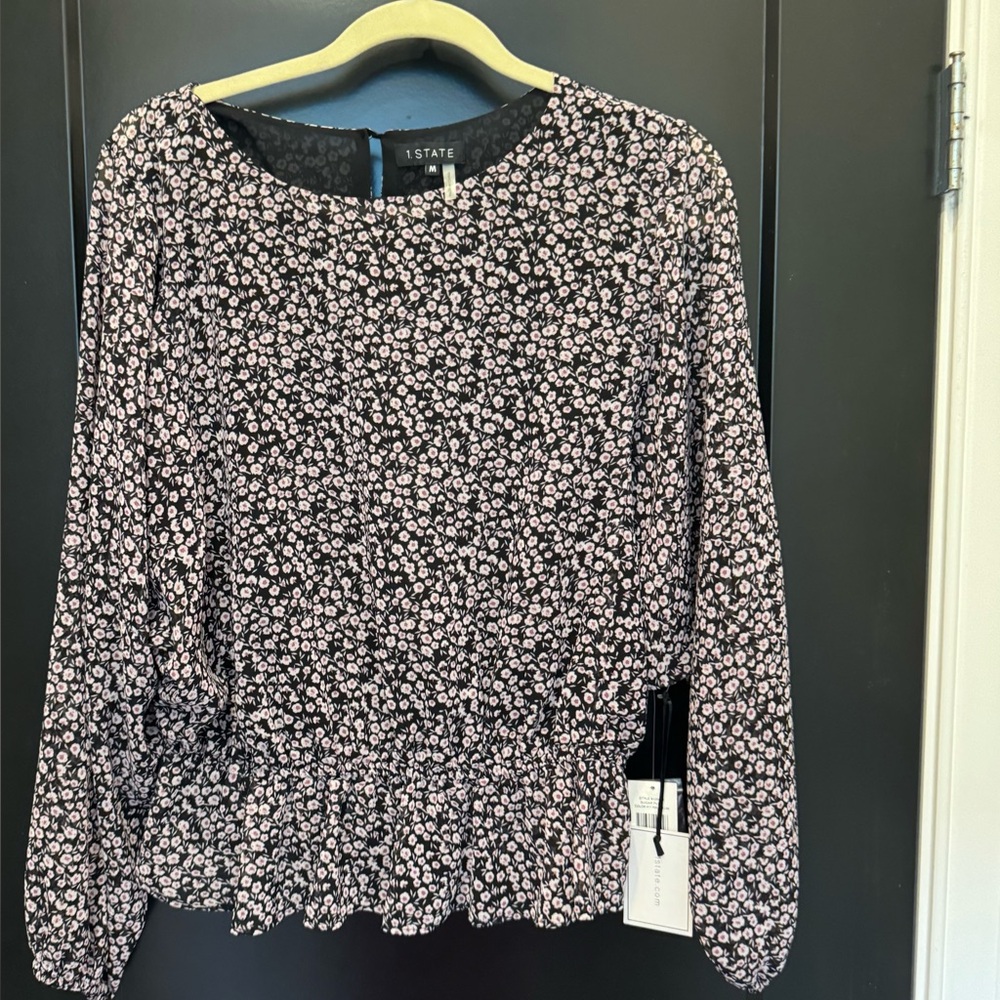 1. State Black and Pink Floral Blouse with elastic detail. Size medium. NWT.